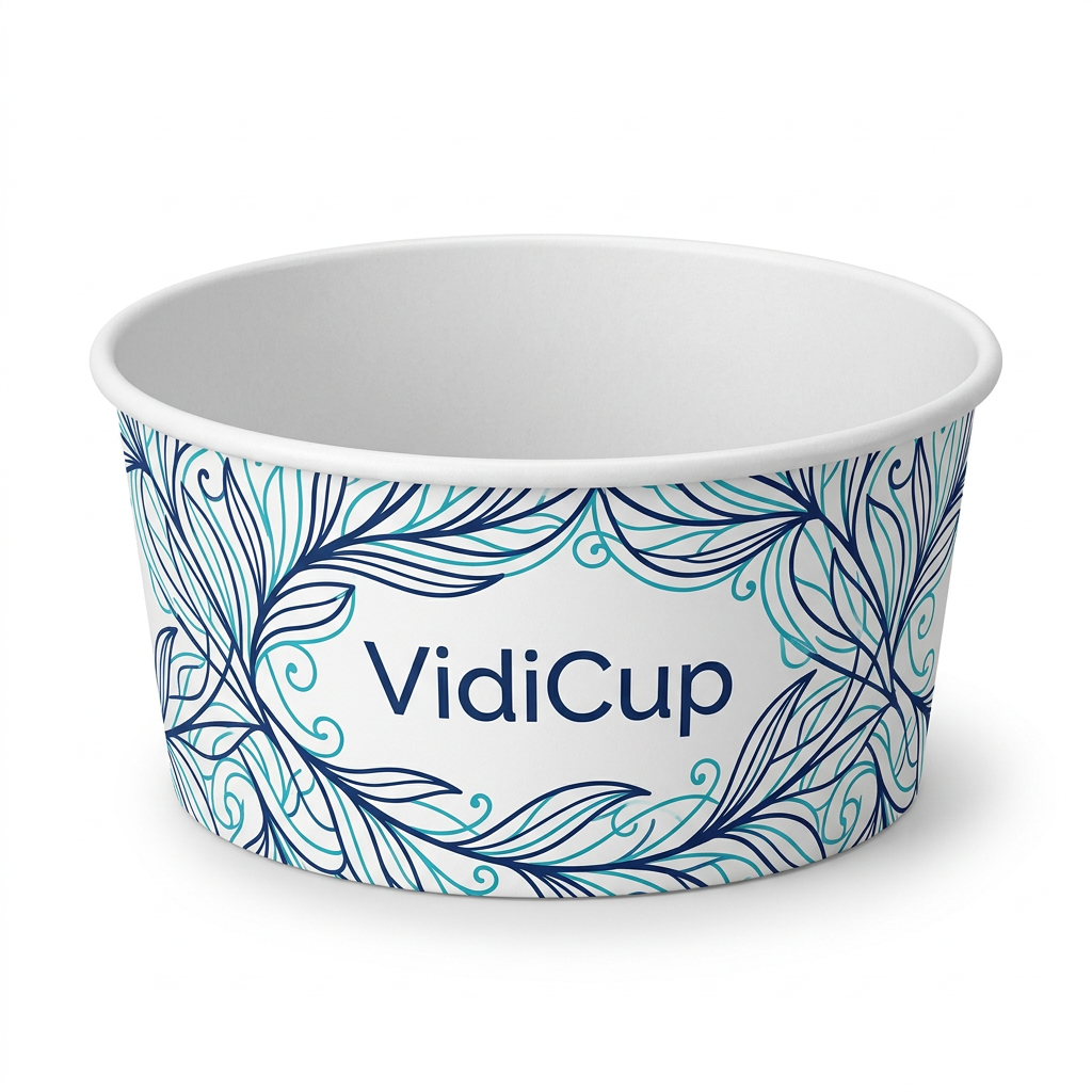 Saladier en carton blanc 750 ml avec motif bleu et turquoise VidiCup, exemple de personnalisation