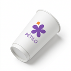 Gobelet carton blanc double paroi 16 oz 480 ml avec logo floral, vue couchée sur fond blanc