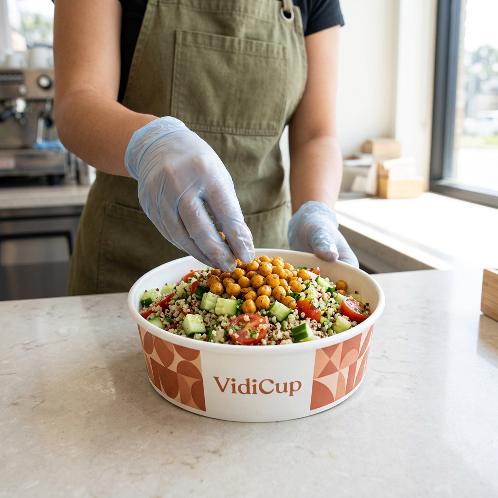 Exemple de personnalisation VidiCup : préparation d’une salade dans un saladier en carton à motif terracotta