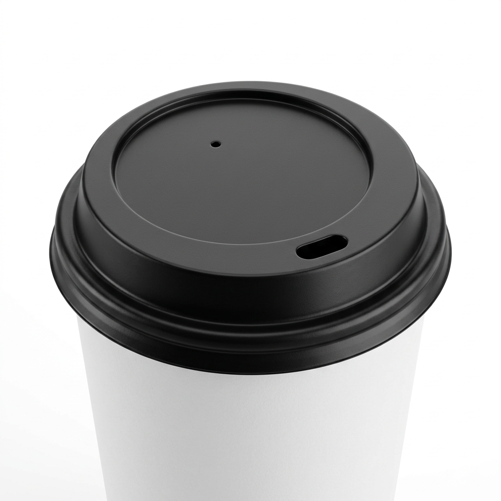 Gros plan du couvercle noir 80 mm fermé sur un gobelet carton blanc 8 oz