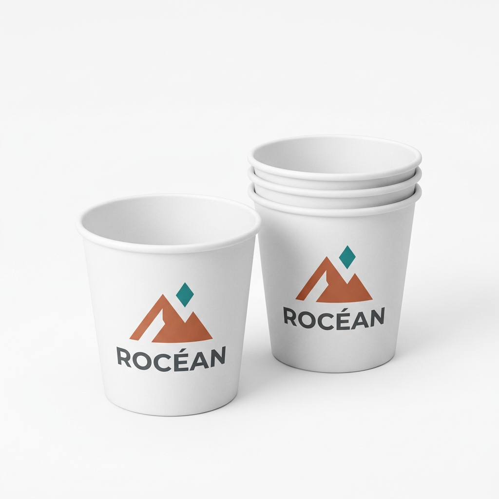 Composition de gobelets carton blancs personnalisés 4 oz 120 ml avec logo montagne sur fond blanc