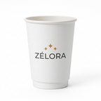 Gobelet carton blanc double paroi 14 oz 400 ml avec logo étincelles, vue de face sur fond blanc