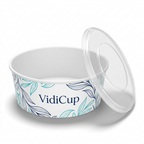 Saladier blanc format 38 oz, capacité fournisseur 1 300 ml, décor VidiCup bleu et turquoise, couvercle en option