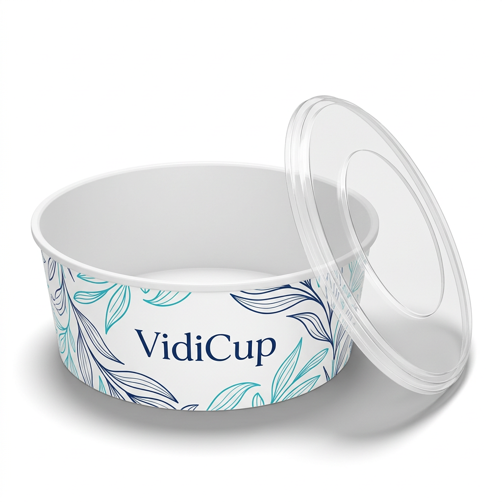 Saladier blanc format 38 oz, capacité fournisseur 1 300 ml, décor VidiCup bleu et turquoise, couvercle en option