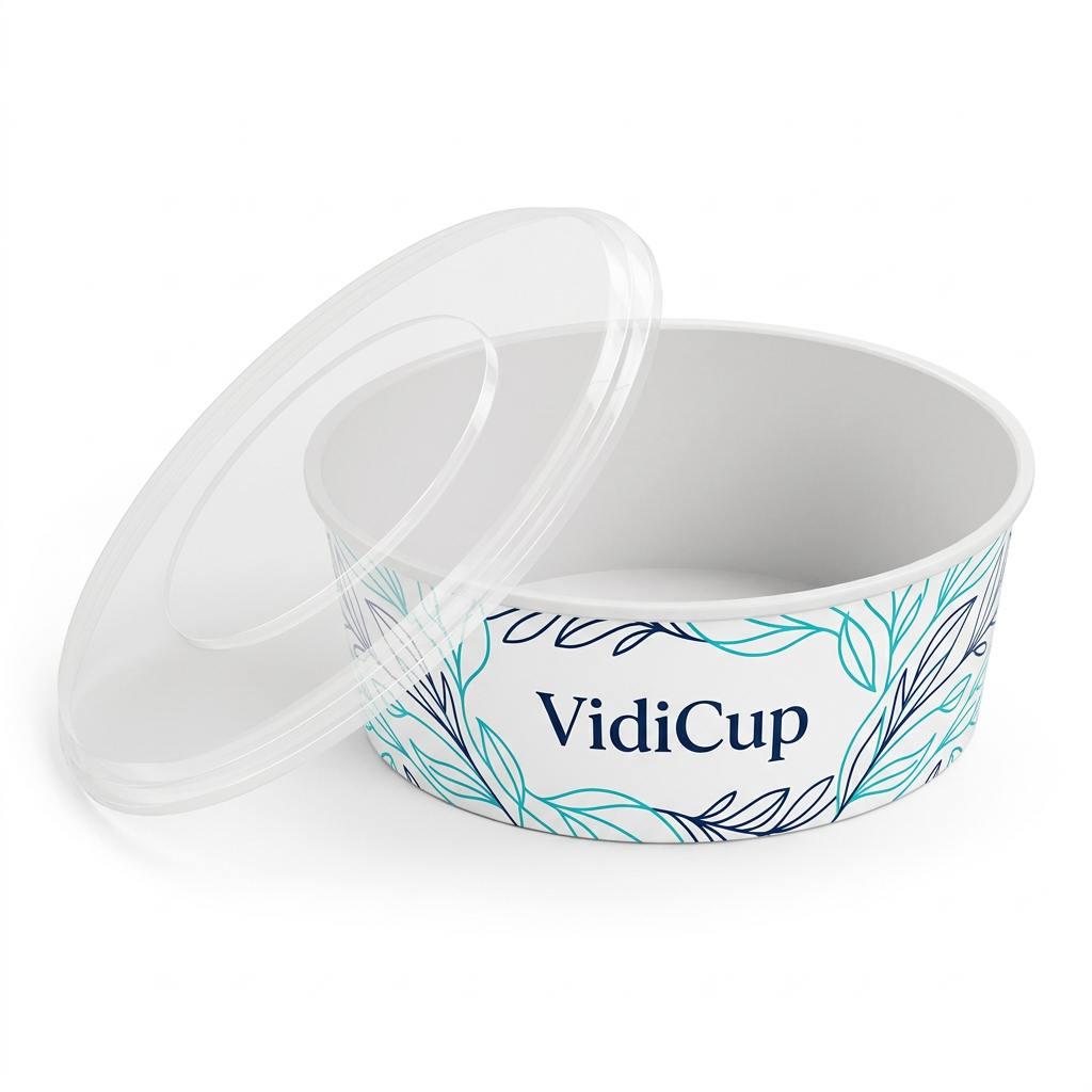 Saladier en carton blanc 550 ml avec décor personnalisé VidiCup, couvercle en option