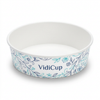 Saladier blanc format 32 oz, capacité fournisseur 1 100 ml, décor VidiCup bleu et turquoise