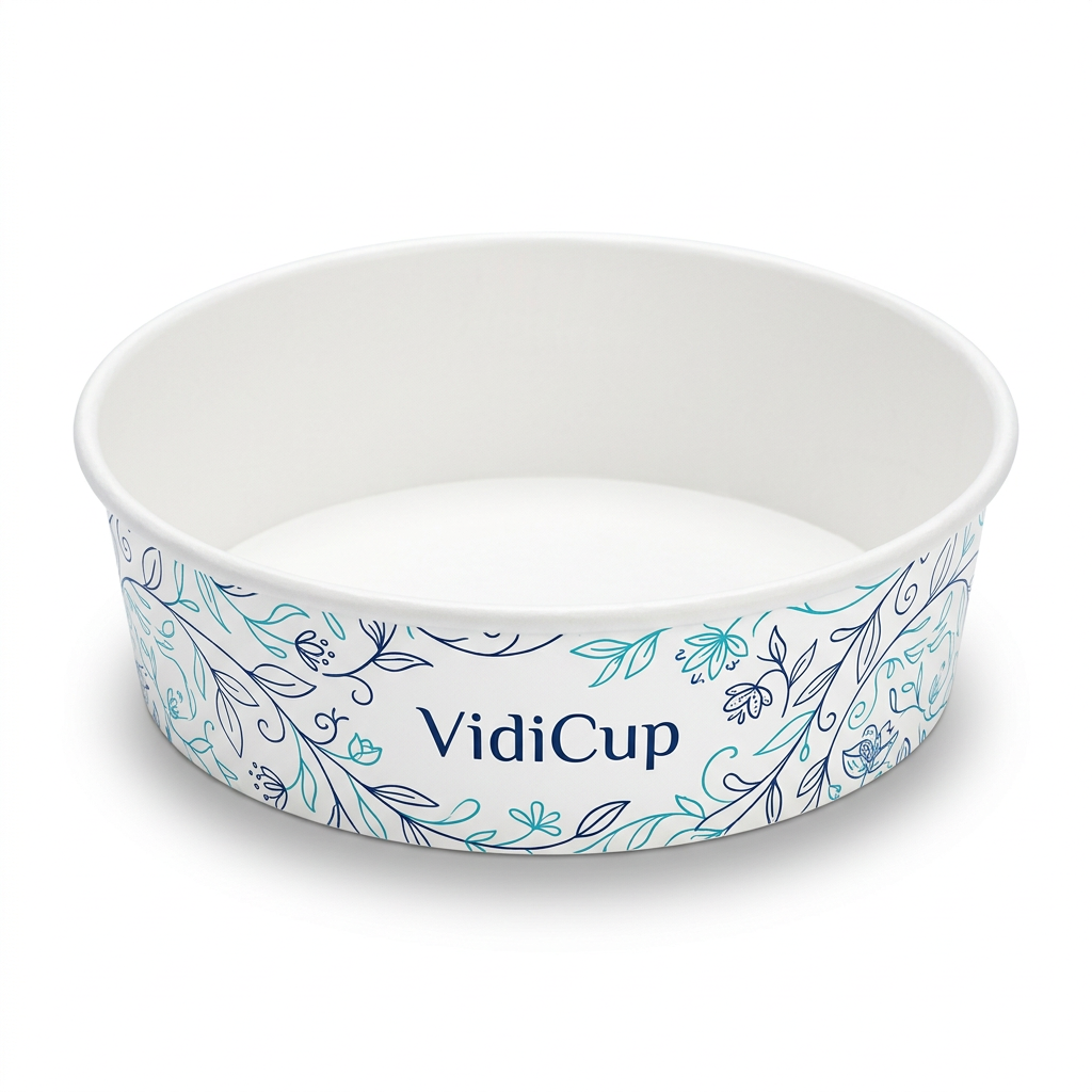 Saladier blanc format 32 oz, capacité fournisseur 1 100 ml, décor VidiCup bleu et turquoise