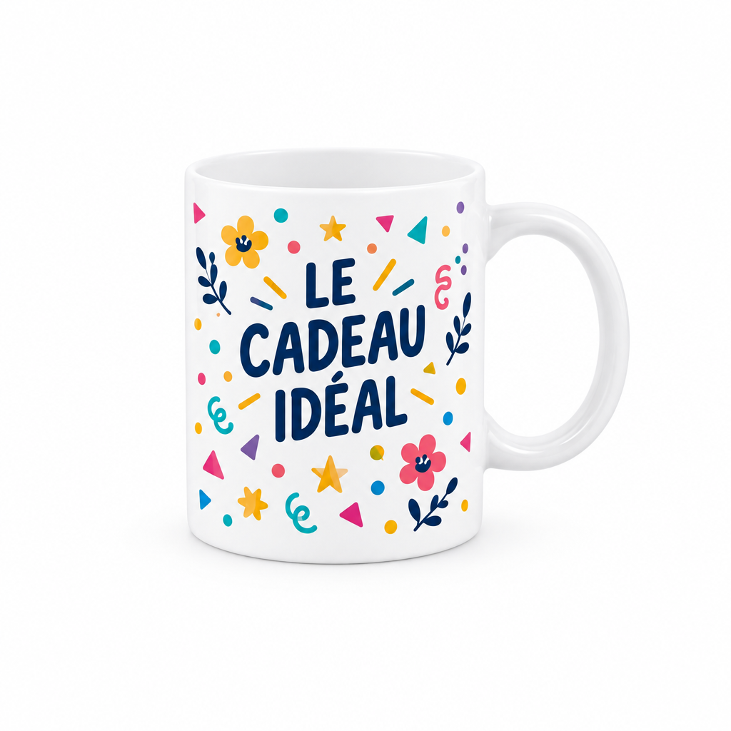 Mug blanc en céramique, légèrement plus petit dans le cadre, sur fond blanc avec la poignée entièrement visible et le slogan français « Le cadeau idéal ».