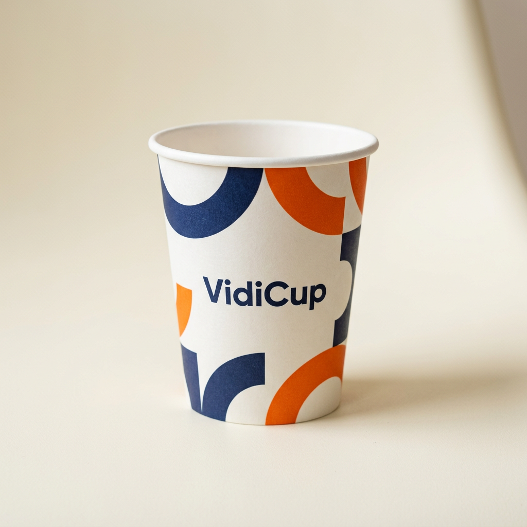 Gobelet carton personnalisé 8 oz VidiCup, motif géométrique bleu marine et orange