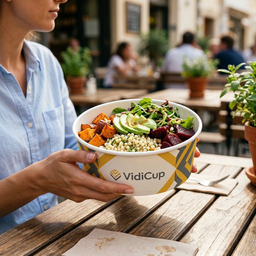 Exemple de personnalisation VidiCup : saladier en carton à motif jaune et gris utilisé en terrasse