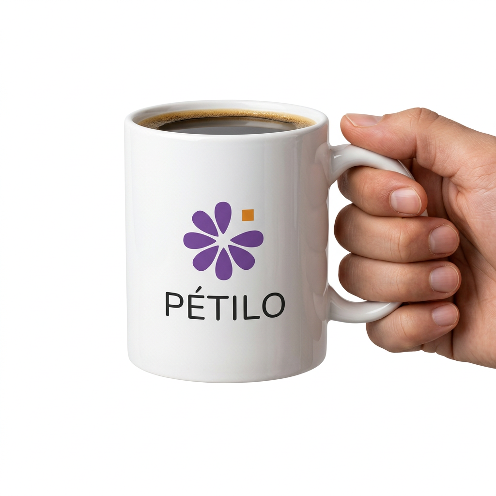 Mug en céramique blanc avec logo floral et café, tenu à la main sur fond blanc