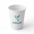 Gobelet carton blanc double paroi 14 oz 400 ml avec logo oiseau, vue de trois quarts gauche