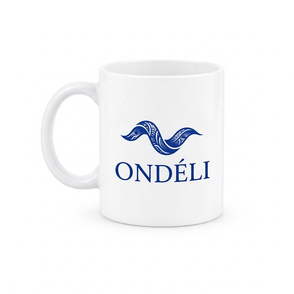 Mug en céramique blanc personnalisé avec logo vague sur fond blanc