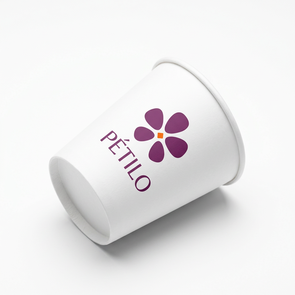 Gobelet blanc personnalisé 7 oz avec logo floral, vue couchée sur fond blanc