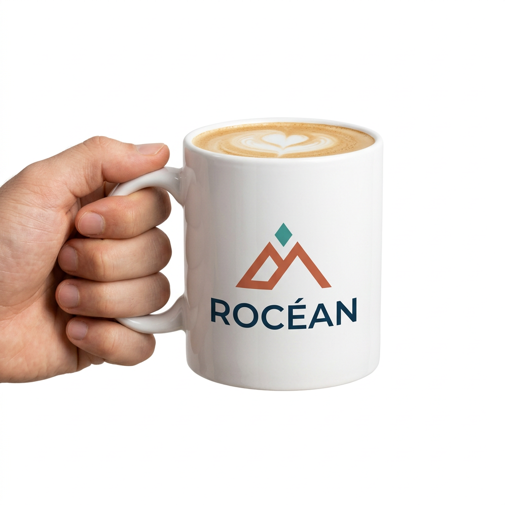 Mug en céramique blanc avec logo montagne et latte, tenu à la main sur fond blanc