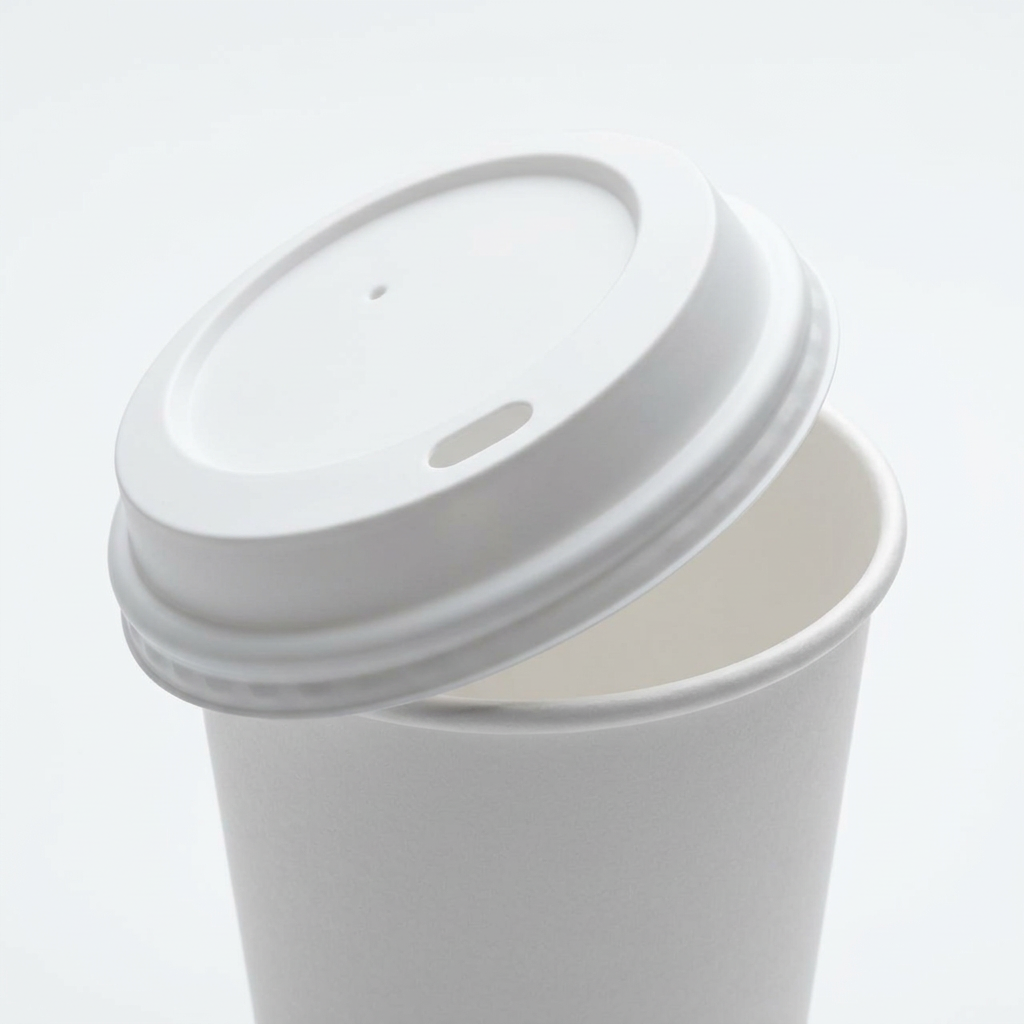 Couvercle blanc 80 mm légèrement soulevé sur un gobelet carton blanc 8 oz, vue rapprochée