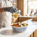 Exemple de personnalisation VidiCup : salade méditerranéenne dans un saladier en carton imprimé bleu