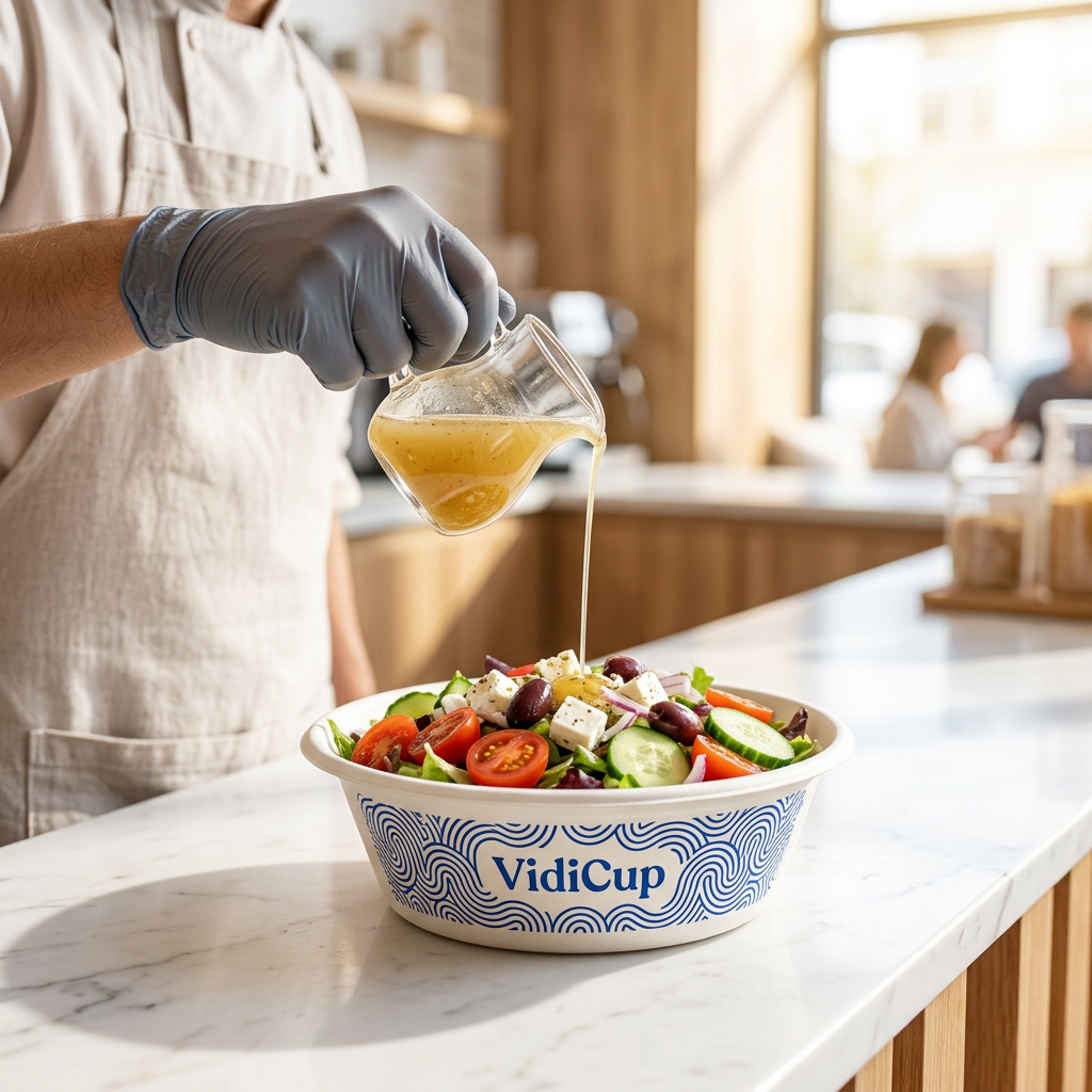 Exemple de personnalisation VidiCup : salade méditerranéenne dans un saladier en carton imprimé bleu