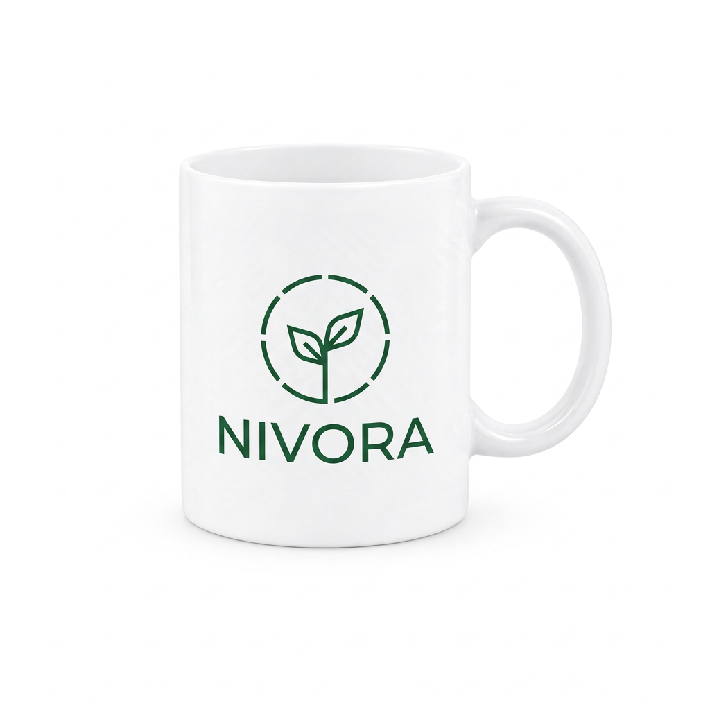 Mug en céramique blanc personnalisé avec logo végétal, vue de trois quarts sur fond blanc