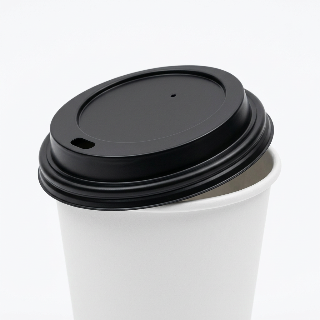 Couvercle noir 80 mm légèrement soulevé sur un gobelet carton blanc 8 oz, vue rapprochée
