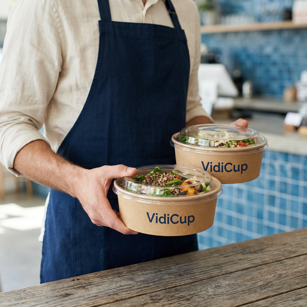 Exemple de personnalisation VidiCup : deux saladiers kraft avec salades et couvercles en option
