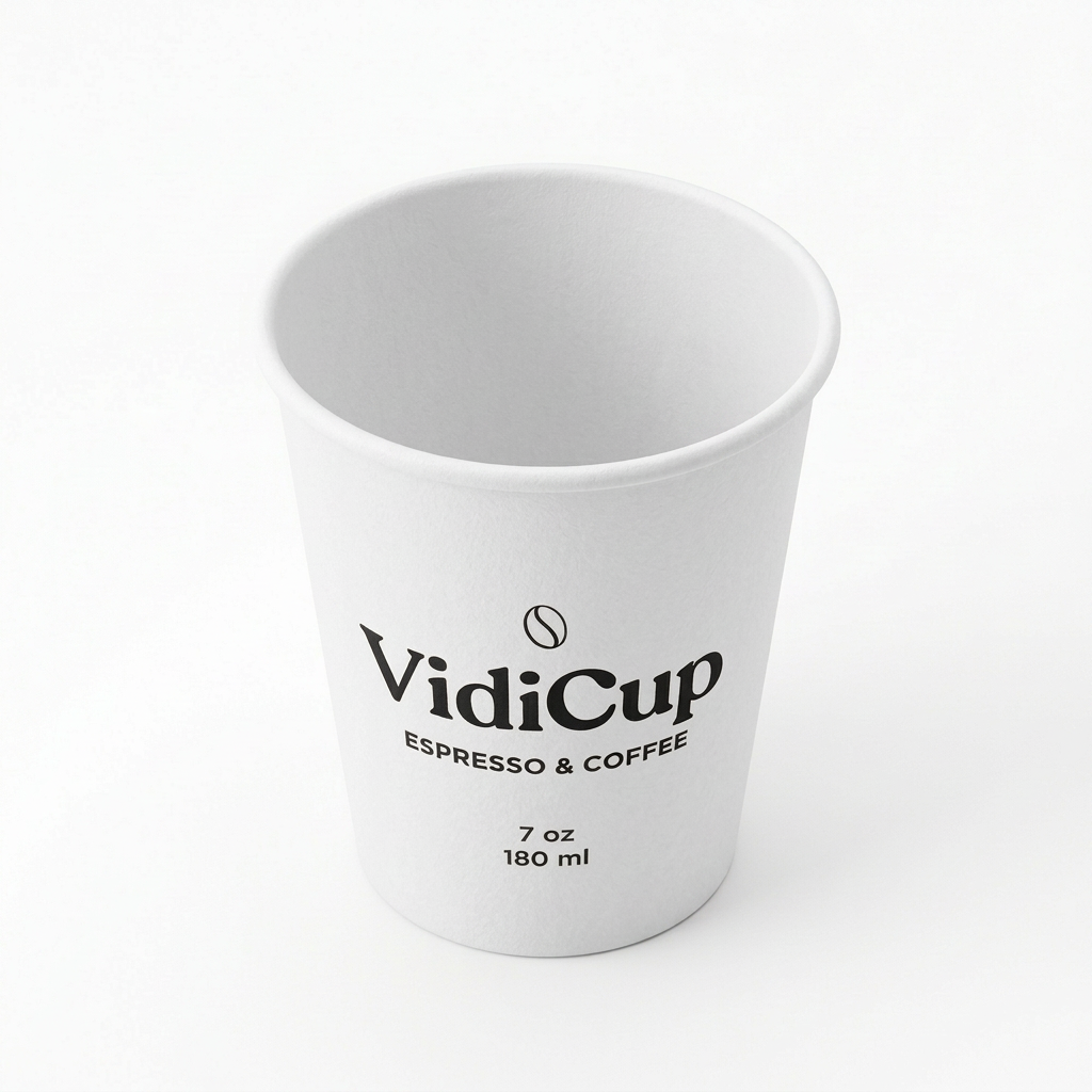 Gobelet carton blanc personnalisé 7 oz VidiCup, vue de trois quarts gauche