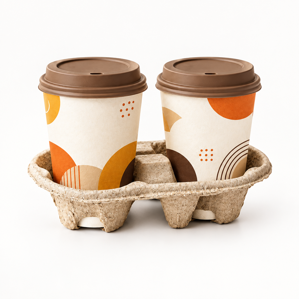 Deux gobelets à motifs dans un porte-gobelets en carton pour deux tasses