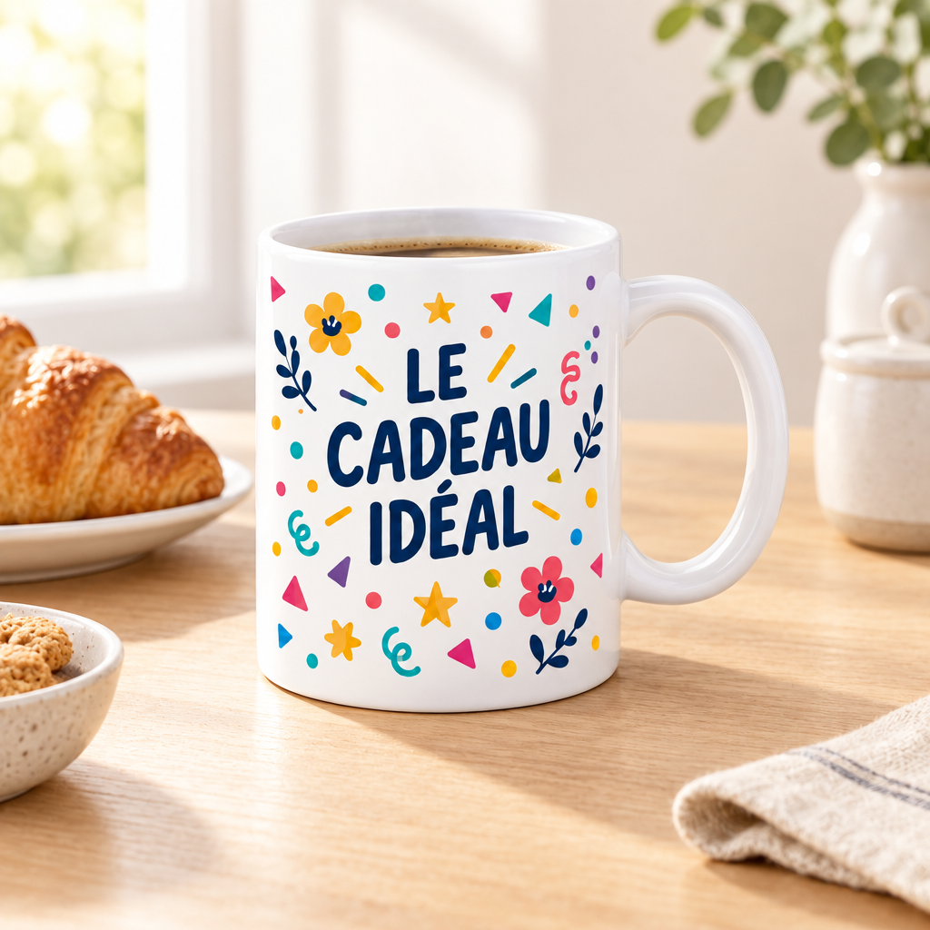 Mug blanc personnalisé avec le slogan « Le cadeau idéal », présenté sur une table avec café, lumière douce et anse entièrement visible.