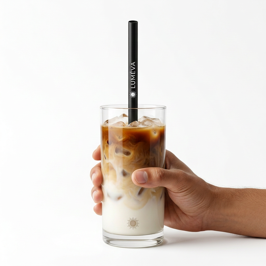 Paille Frozen noire personnalisée dans un latte glacé tenu à la main sur fond blanc