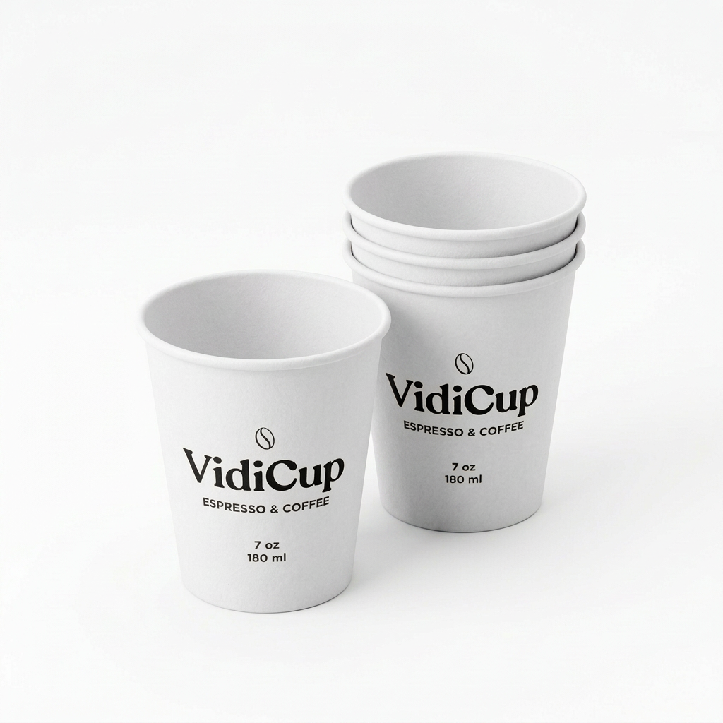 Composition de gobelets carton blancs personnalisés 7 oz VidiCup sur fond blanc