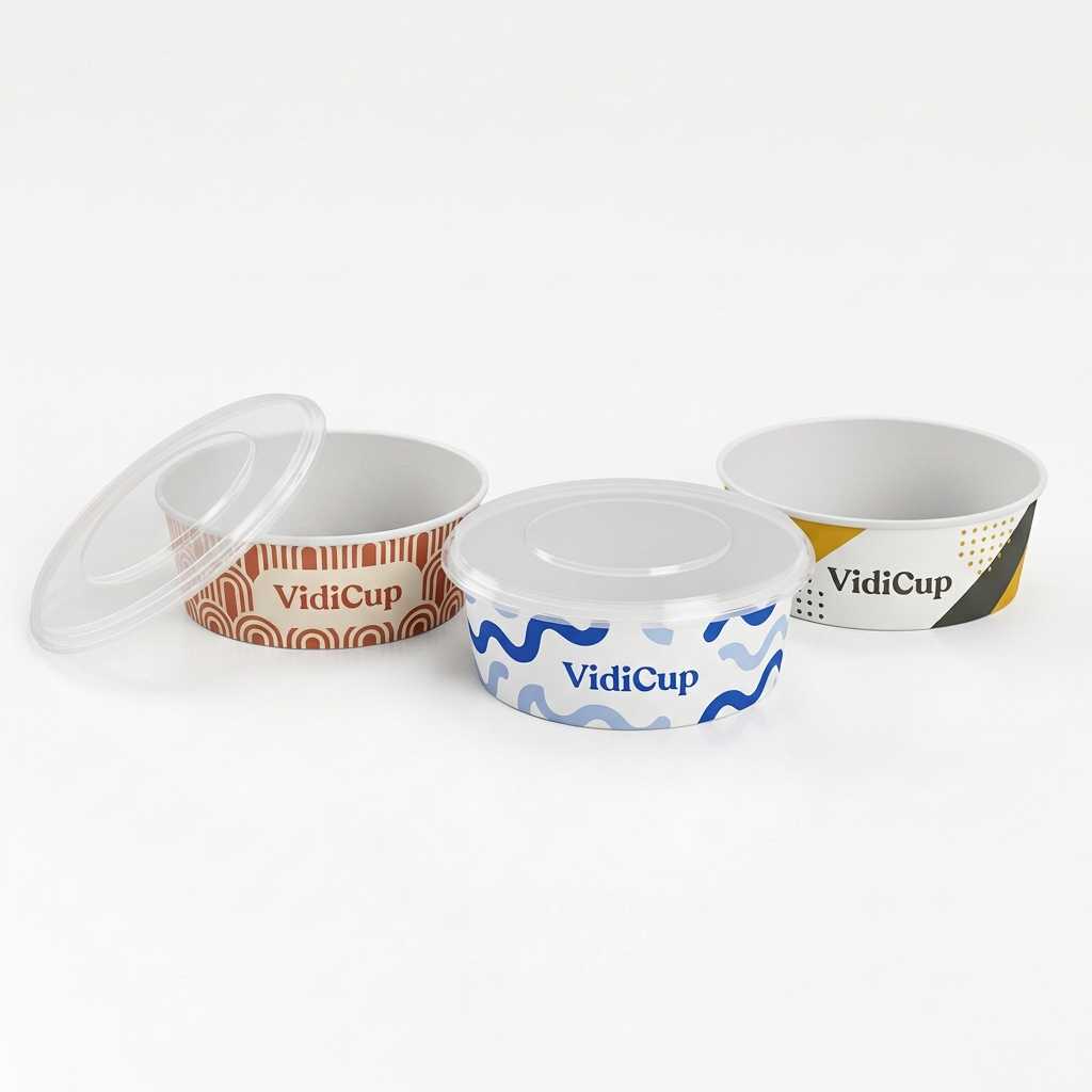 Trois saladiers blancs personnalisés VidiCup avec décors géométriques terracotta, vagues bleues et motifs jaunes, exemples de personnalisation