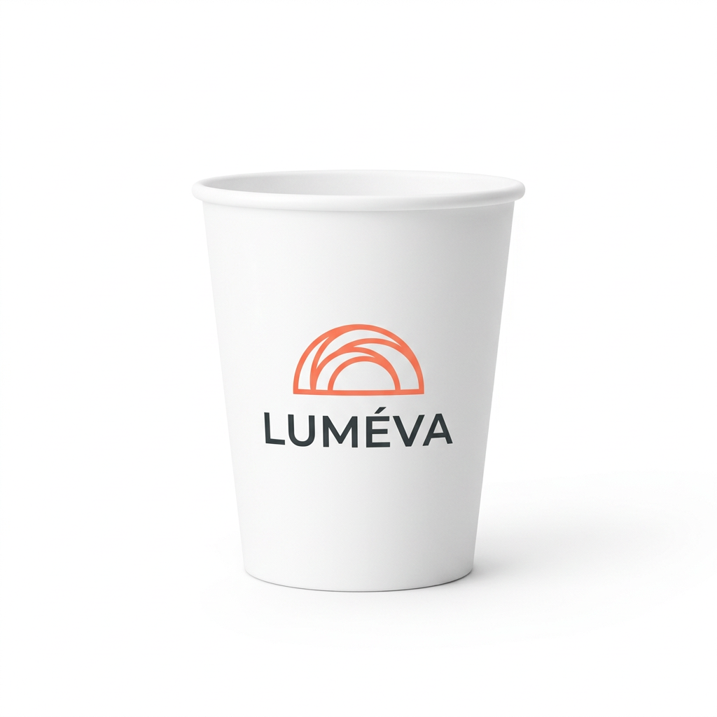 Gobelet blanc personnalisé 7 oz avec logo soleil, vue de face sur fond blanc