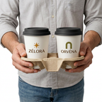 Personne transportant deux cafés dans un porte-gobelets en carton, gobelets blancs et couvercles noirs sur fond blanc
