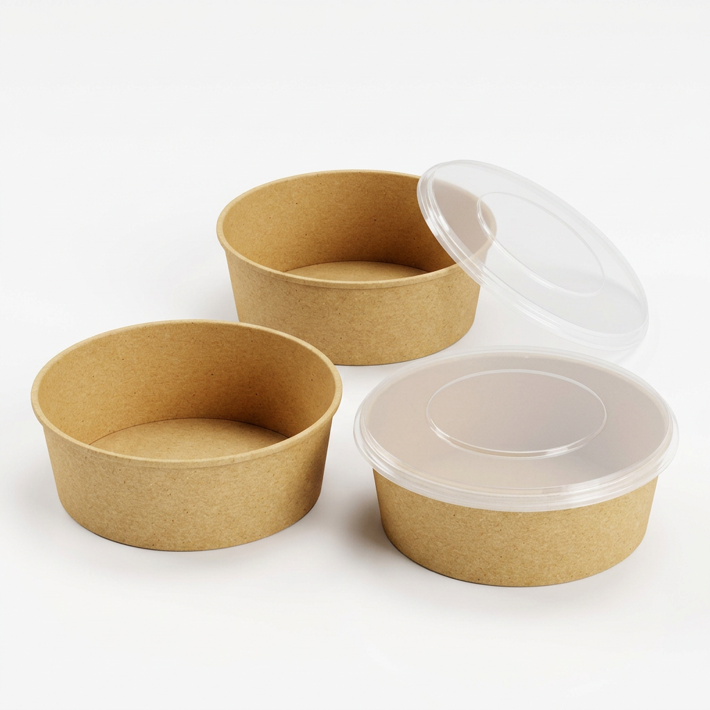 Trois saladiers en carton kraft 38 oz présentés sous un nouvel angle, avec couvercles en option