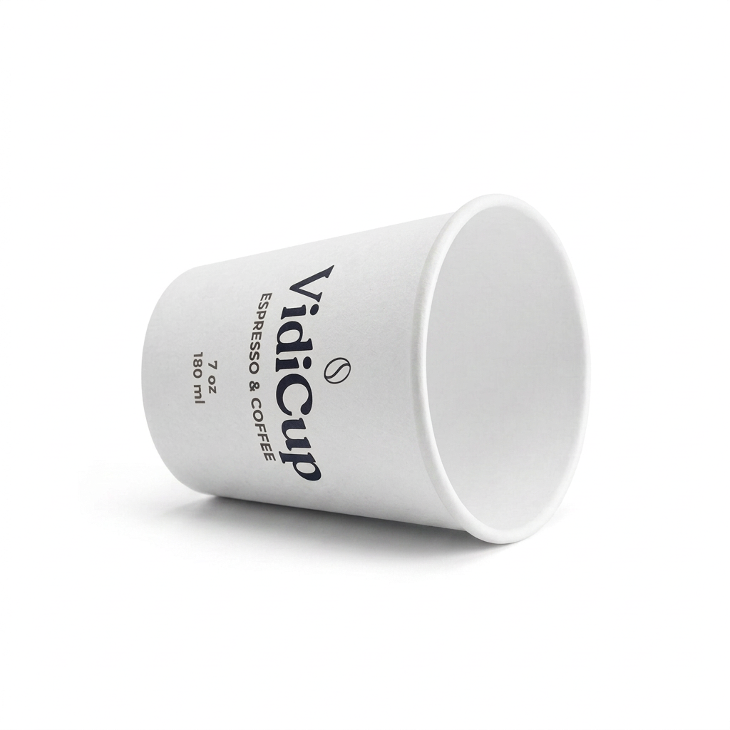 Gobelet carton blanc personnalisé 7 oz VidiCup couché sur fond blanc