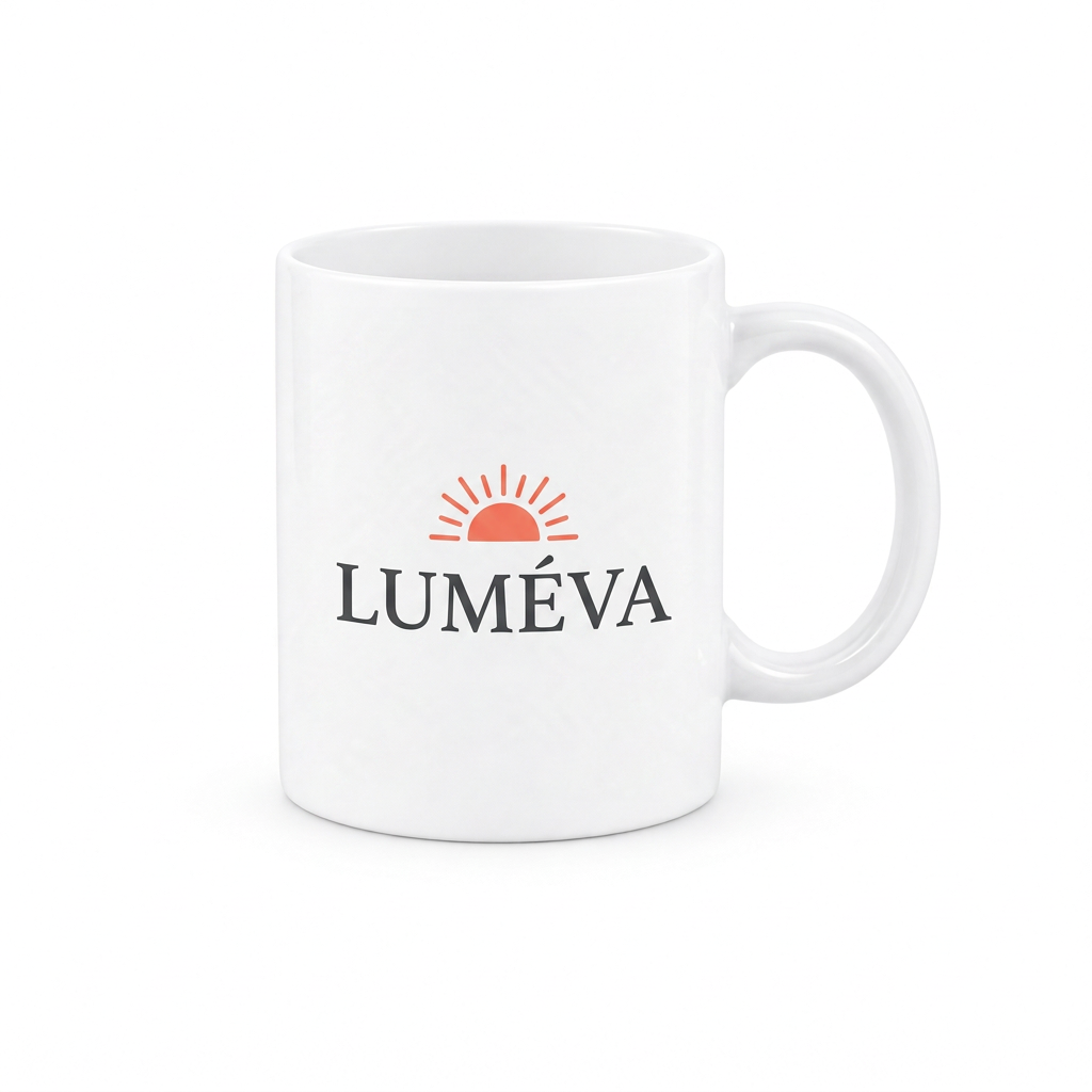 Mug en céramique blanc personnalisé avec logo soleil, vue de face sur fond blanc