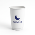 Gobelet carton blanc double paroi 14 oz 400 ml avec logo croissant, vue de trois quarts droite