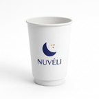 Gobelet carton blanc double paroi 14 oz 400 ml avec logo croissant, vue de trois quarts droite